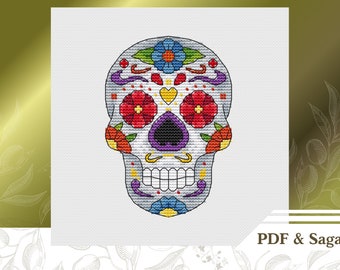Teschio messicano di zucchero schema punto croce PDF, download istantaneo dello schema punto croce Giorno dei morti, schema ricamo a mano di Halloween