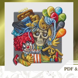 May include: A colourful cross-stitch pattern featuring a skull wearing a party hat, a clown holding a striped box, a teddy bear, and balloons. The pattern is titled "PDF & Saga".