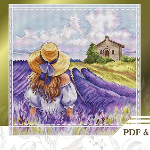 Lavender cross stitch pattern PDF, Landscape cross stitch chart instant download, Lavender fields wall decor