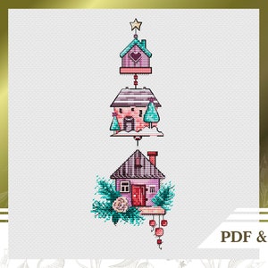 Christmas houses cross stitch pattern PDF for embroidery on stockings instant download