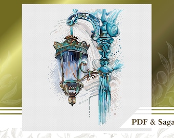 Lantern cross stitch pattern PDF, Street lamp cross stitch chart instant download, Blue embroidery pattern