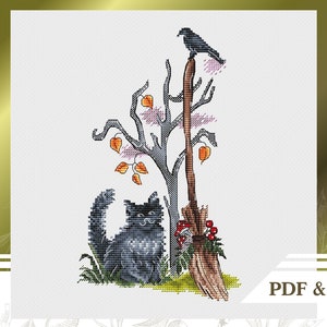 Halloween cat with witch broom сross stitch pattern PDF, Halloween сross stitch chart instant download, Spooky embroidery pattern
