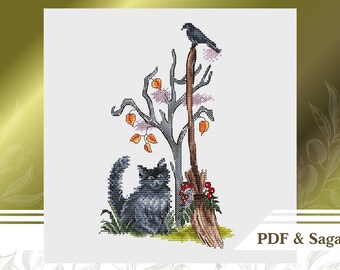 Halloween cat with witch broom сross stitch pattern PDF, Halloween сross stitch chart instant download, Spooky embroidery pattern