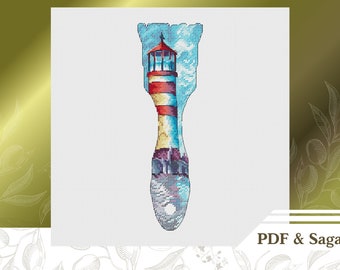 Lighthouse cross stitch pattern PDF, Landscape cross stitch chart instant download, Watercolor embroidery pattern