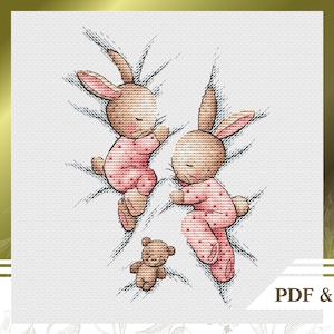 Twee konijntjes kruissteekpatroon PDF direct downloaden, Geteld kruissteekdiagram voor zussen, Babymeisje borduurpatroon