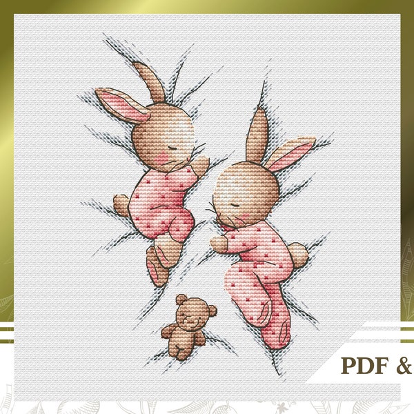Two bunnies сross stitch pattern PDF instant download, Counted сross stitch chart for sisters, Baby girl embroidery pattern
