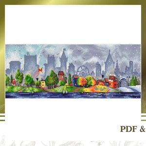 Landscape cross stitch pattern PDF, Large cross stitch chart instant download, City hand embroidery pattern