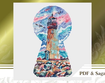 Lighthouse cross stitch pattern PDF, Nautical counted cross stitch chart instant download, Coastal hand embroidery pattern