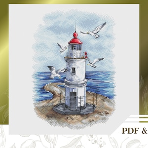 Lighthouse cross stitch pattern PDF, Seashore counted cross stitch chart instant download, Nautical embroidery pattern