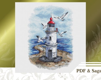 Patrón de punto de cruz del faro PDF, Gráfico de punto de cruz contado Seashore descarga instantánea, Patrón de bordado náutico