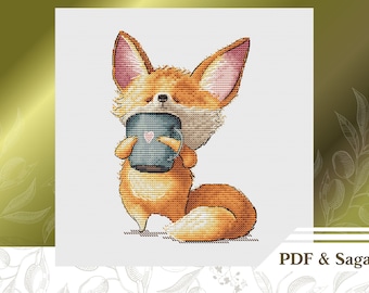 Pode incluir: Uma raposa de desenho animado fofa com os olhos fechados está segurando uma caneca azul com um coração rosa. A raposa é laranja e branca com uma cauda espessa.
