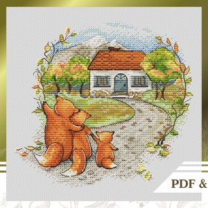 Fox сross stitch patroon PDF, Family сross stitch chart direct downloaden, Home handborduurpatroon