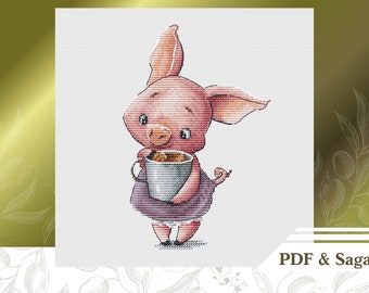 May include: A pink piglet with a purple dress holds a white mug with brown liquid inside. The piglet is looking at the mug.