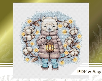 Polar bear cross stitch pattern PDF, Cotton wreath counted cross stitch chart instant download, Lantern hand embroidery pattern pdf
