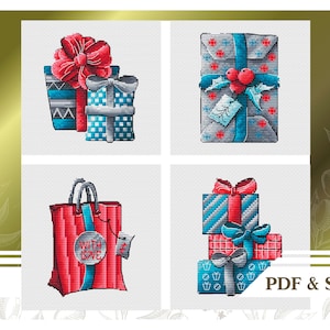 Christmas set of 4 cross stitch patterns PDF instant download for ornaments and stocking