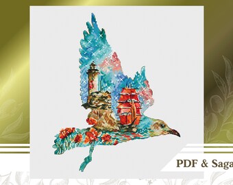 Ship cross stitch pattern PDF, Lighthouse counted cross stitch chart instant download, Nautical embroidery pattern