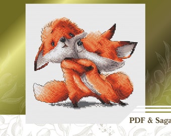 Hugging foxes сross stitch pattern PDF, Cute nursery сross stitch chart instant download, Couple embroidery pattern