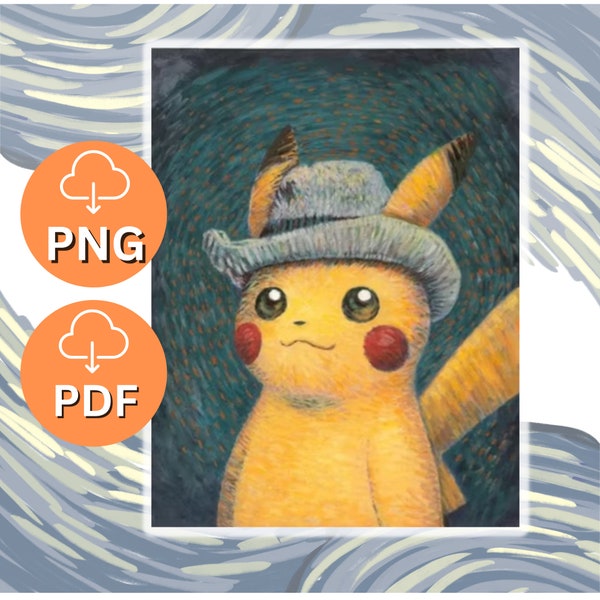 Pikachu van Gogh, Pikachu x van Gogh, Pikachu card PNG and PDF instant download