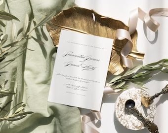 May include: A white wedding invitation with black calligraphy text. The text reads "You are kindly invited to the wedding of Samantha James and  Josen Kurty". The invitation is on a gold leaf-shaped tray with a light green fabric and a light pink ribbon in the background.