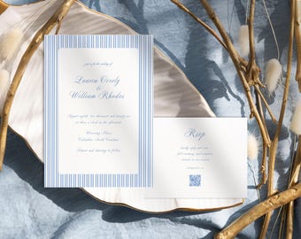 Preppy Coastal Blue Stripe Wedding Invitation Suite: Editable Canva Template (Digital Download)