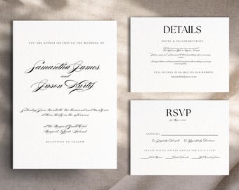 May include: Wedding invitation suite with white cardstock and black text. The invitation card features the names Samantha Ramos and Jason Kurtiz, the date and time of the wedding, and the location. The details card includes information about the hotel and transportation. The RSVP card has a space for guests to indicate their attendance and meal choice.