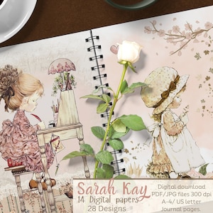 Digitale Papiere von Sarah Kay. Cottage-Mädchen. Digitales Scrapbooking. Vintage-Zeitschriften. Digitales Papier. Tagebuchseiten. Tagebuch-Set von Holly Hobbie.
