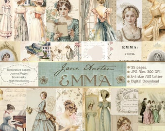 Jane Austen Emma – Digitaler Download. Druckvorlagen. Junk Journal. Scrapbook-Papier. Tagebuchseiten. Lesezeichen. Jane Austen. Regency-Ära.