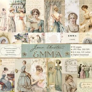 Może przedstawiać: Cyfrowy kolaż z ilustracjami i tekstem na temat "Emmy" Jane Austen. Projekt zawiera obrazy kobiet w strojach z epoki Regency, stron książek i elementów dekoracyjnych. Tekst zawiera: "Papiery dekoracyjne, Strony dziennika, Zakładki, Wysoka rozdzielczość."