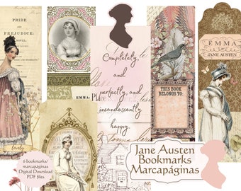 Jane-Austen-Lesezeichen. Digitaler Download. Druckvorlagen mit Jane-Austen-Motiven. Romantische Geschenke. 6er-Set. Für Bücherliebhaber. Ephemera. Regency-Ära.