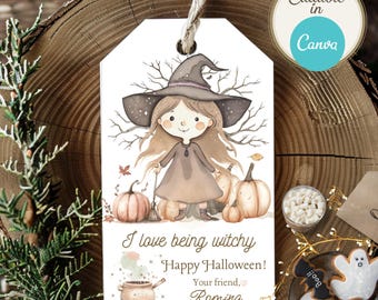 Redigerbara Halloween-presentetiketter | 4 utskrivbara häxetiketter | Direktnedladdning | Personliga bus- eller godisetiketter | CanvaTemplates | 2 storlekar