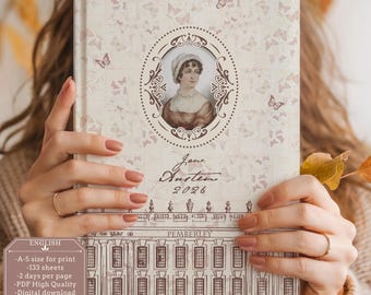 Jane Austen Planner 2026. Engelska. A-5. Daterad. 2 dagar per sida. Digital nedladdning. Års- och månadskalendrar. Bokmärken. PDF. Utskrivbar.