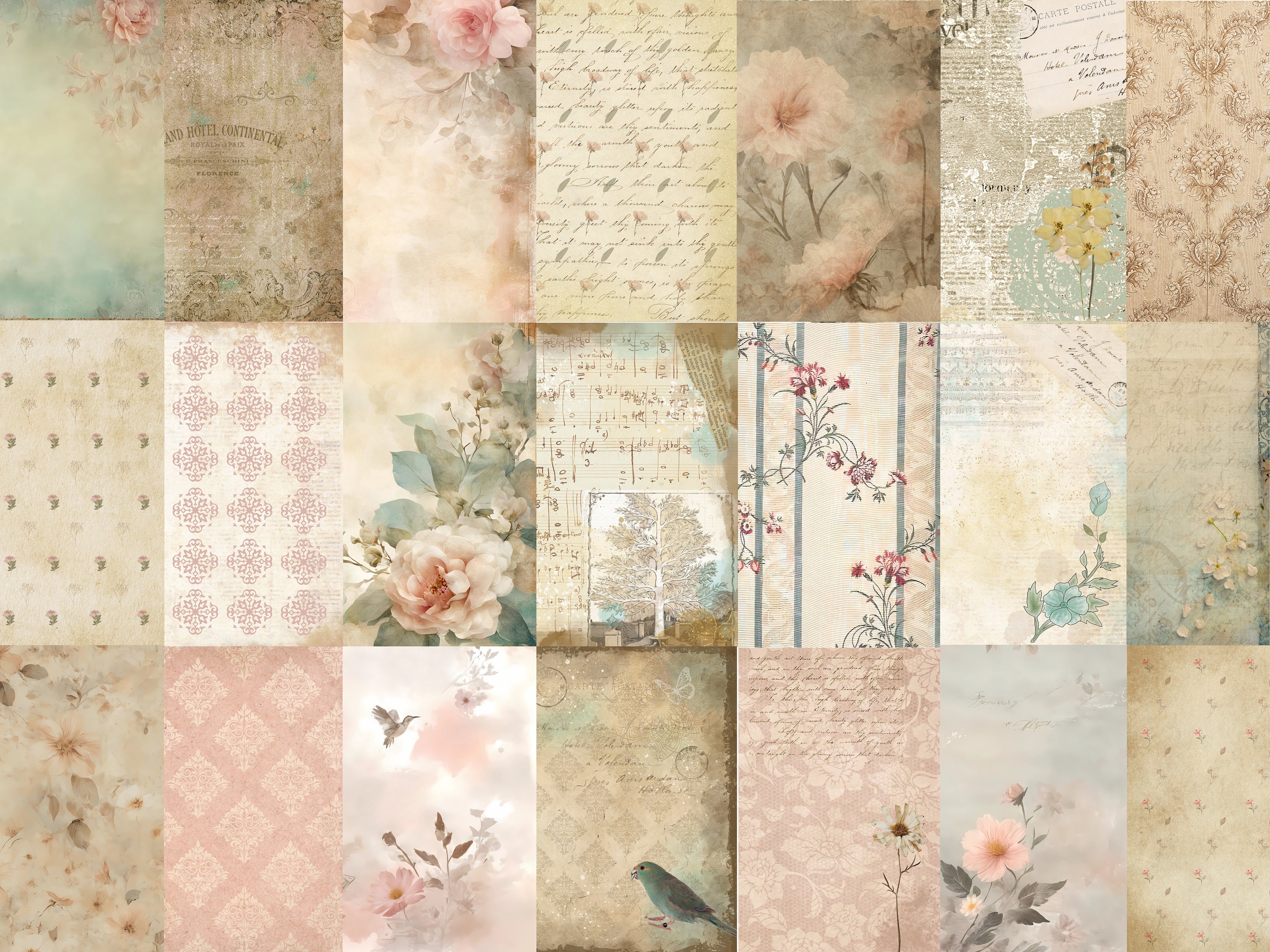 Vintage digital papers, Scrapbook backgrounds, 22 journal pages, Printable ephemera, Digital download, A4