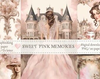 Pink Victorian Ladies Digital Paper Pack, 20 designs, Shabby Chic Rose Backgrounds for Junk Journals, Scrapbooking, Digital Download