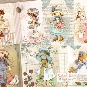 K&ouml;nnte beinhalten: Ein digitales Papierpaket mit 14 Papieren und 28 Designs mit Illustrationen von M&auml;dchen in verschiedenen Umgebungen. Die Designs beinhalten ein M&auml;dchen, das einen Blumenkorb h&auml;lt, ein M&auml;dchen mit Ballons, ein M&auml;dchen mit H&uuml;hnern und ein M&auml;dchen beim Backen. Die Papiere sind perfekt f&uuml;r Scrapbooking, Kartenherstellung und andere Papierarbeiten.