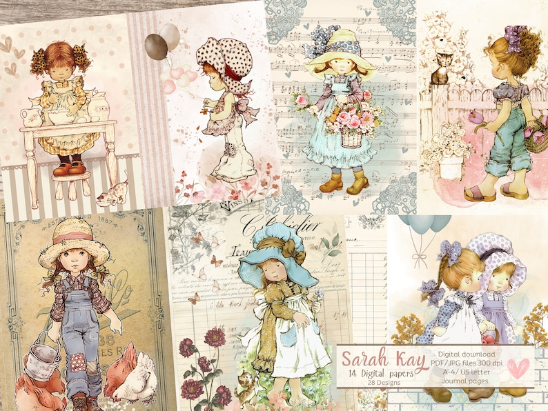 K&ouml;nnte beinhalten: Ein digitales Papierpaket mit 14 Papieren und 28 Designs mit Illustrationen von M&auml;dchen in verschiedenen Umgebungen. Die Designs beinhalten ein M&auml;dchen, das einen Blumenkorb h&auml;lt, ein M&auml;dchen mit Ballons, ein M&auml;dchen mit H&uuml;hnern und ein M&auml;dchen beim Backen. Die Papiere sind perfekt f&uuml;r Scrapbooking, Kartenherstellung und andere Papierarbeiten.