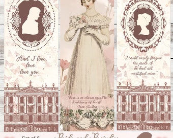 Segnalibri a tema Orgoglio e Pregiudizio | Jane Austen | Materiale per junk journal | Download immediato | Accessori per journaling | Segnalibri stampabili |
