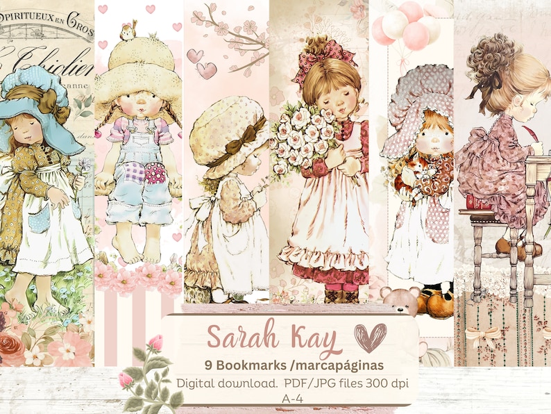 Sarah Kay bokmärken. 9 utskrivbara bokmärken. Vintage bokmärke. Cottage girls. Shabby chic. Direkt nedladdning. Vintage presenter. Bokälskare. bild 6