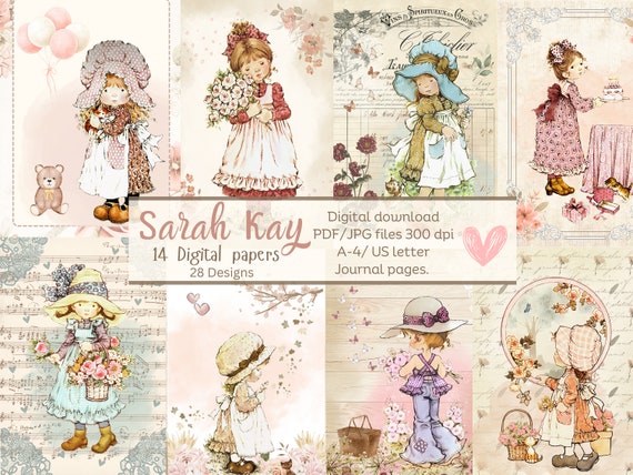 Sarah Kay digital papers. Cottage girls. Digital scrapbooking. Printables. Journal pages.  Holly Hobbie, Junk journal, Digital download.