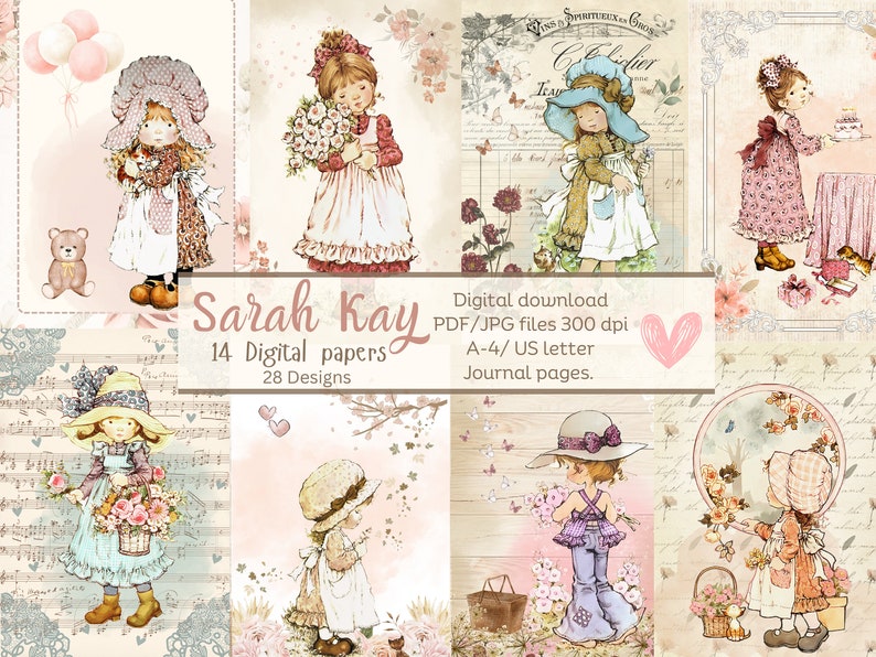 K&ouml;nnte beinhalten: Eine Collage aus 14 digitalen Papieren mit Illustrationen von M&auml;dchen in Vintage-Kleidung mit floralen Akzenten. Die Papiere sind f&uuml;r die Verwendung in Tageb&uuml;chern, zum Scrapbooking und f&uuml;r andere Bastelprojekte gedacht. Der Text "Sarah Kay" und "14 digitale Papiere" ist im Bild enthalten.