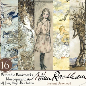 Op de afbeelding: Set van 16 printbare bladwijzers met illustraties van Arthur Rackham. De bladwijzers zijn in vintage stijl en tonen scènes uit klassieke sprookjes. De bladwijzers zijn in hoge resolutie en perfect om een vleugje fantasie toe te voegen aan uw lezervaring.