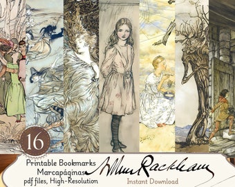 Arthur Rackham printable bookmarks, Vintage digital download, 16 high-resolution ephemera, Book lovers gift, Fairy tale illustrations