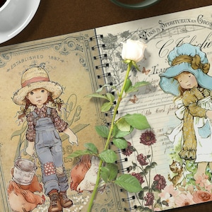 K&ouml;nnte beinhalten: Ein Notizbuch im Vintage-Stil mit floralem Design und zwei Illustrationen von M&auml;dchen. Das Notizbuch hat eine Spiralbindung und einen braunen Einband. Der Text auf dem Einband lautet "Vins Spiritueux en Gros C. Golier"