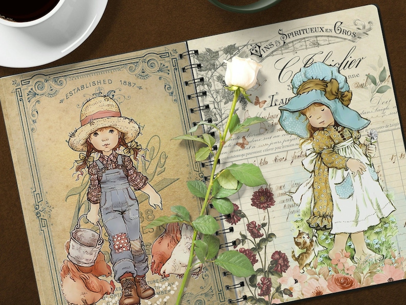 K&ouml;nnte beinhalten: Ein Notizbuch im Vintage-Stil mit floralem Design und zwei Illustrationen von M&auml;dchen. Das Notizbuch hat eine Spiralbindung und einen braunen Einband. Der Text auf dem Einband lautet "Vins Spiritueux en Gros C. Golier"