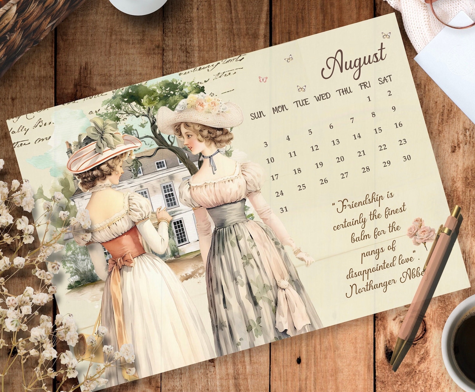 Jane Austen Calendar 2025. English/ Spanish. Monthly Calendar. Digital