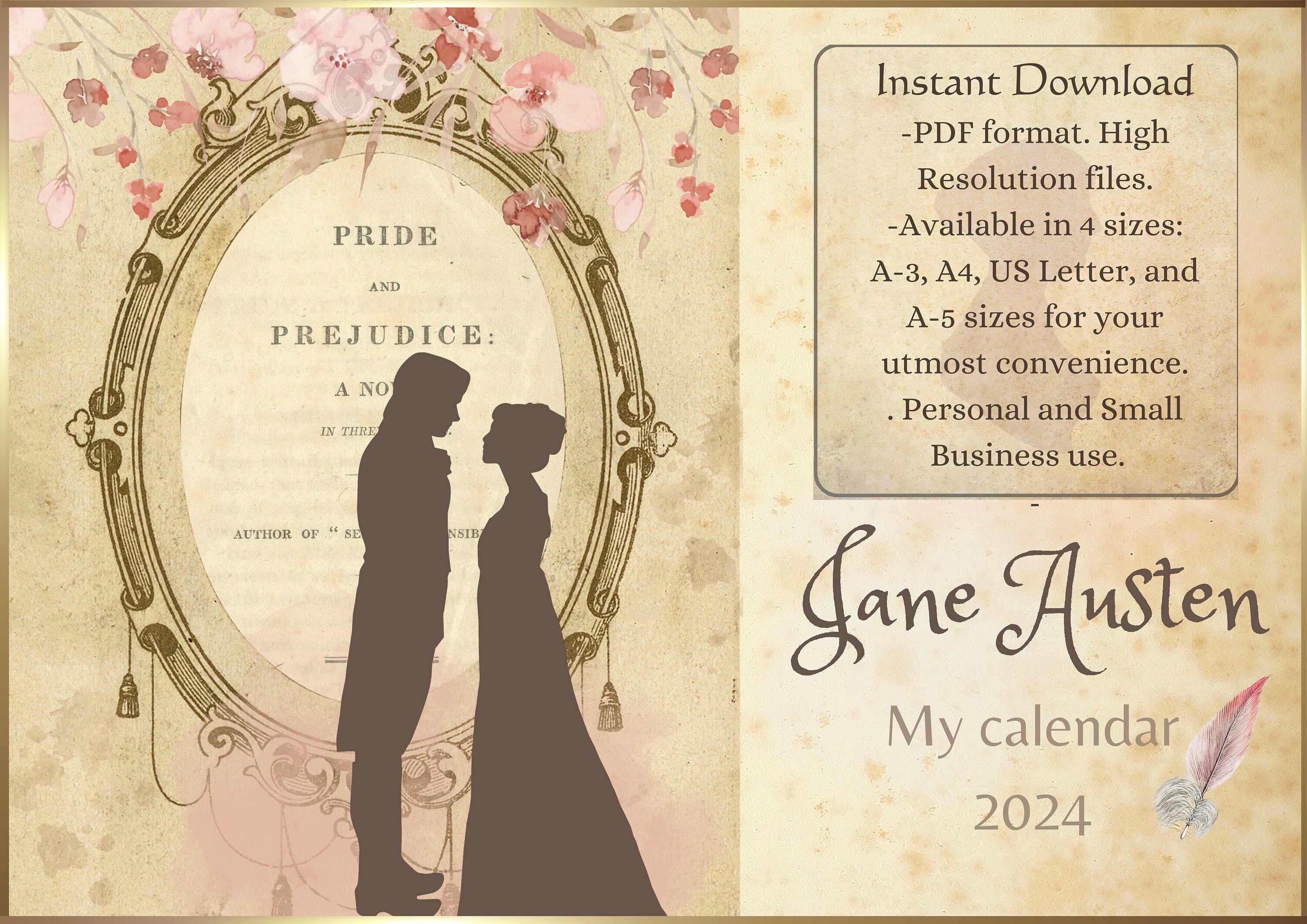 Jane Austen Calendar 2024. Printable. Digital Download. Etsy México