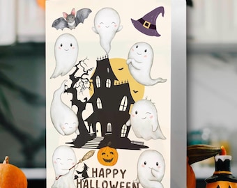 Utskrivbara Halloween-kort för spöken | Halloween-hälsningskort för barn | Set med 6 digitala Halloween-kort i 10x15 cm och 13x18 cm för direkt nedladdning