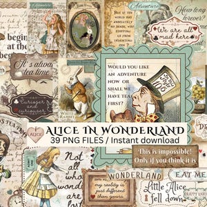 Puede incluir: Un collage de ilustraciones y citas de estilo vintage de "Alicia en el país de las maravillas". El diseño presenta personajes como el Sombrerero Loco, el Conejo Blanco y Alicia, con frases como "Drink Me" y "We are all mad here".