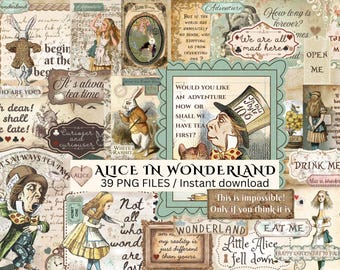 Alice im Wunderland-Materialien, Sofort-Download, 39 PNG-Dateien, Junk-Journal-Zubehör, Cliparts, Scrapbooking, Druckvorlagen, Verrückter Hutmacher, Digitale Alice