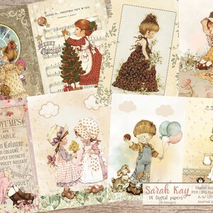 K&ouml;nnte beinhalten: Ein Set mit 14 digitalen Papieren mit Illustrationen von Kindern in verschiedenen Szenen. Die Papiere sind f&uuml;r Scrapbooking, Kartenherstellung und andere Papierarbeiten gedacht. Die Papiere sind im Vintage-Stil mit einer weichen Farbpalette gehalten.