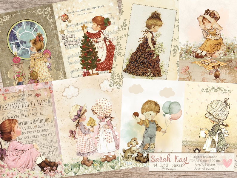 K&ouml;nnte beinhalten: Ein Set mit 14 digitalen Papieren mit Illustrationen von Kindern in verschiedenen Szenen. Die Papiere sind f&uuml;r Scrapbooking, Kartenherstellung und andere Papierarbeiten gedacht. Die Papiere sind im Vintage-Stil mit einer weichen Farbpalette gehalten.